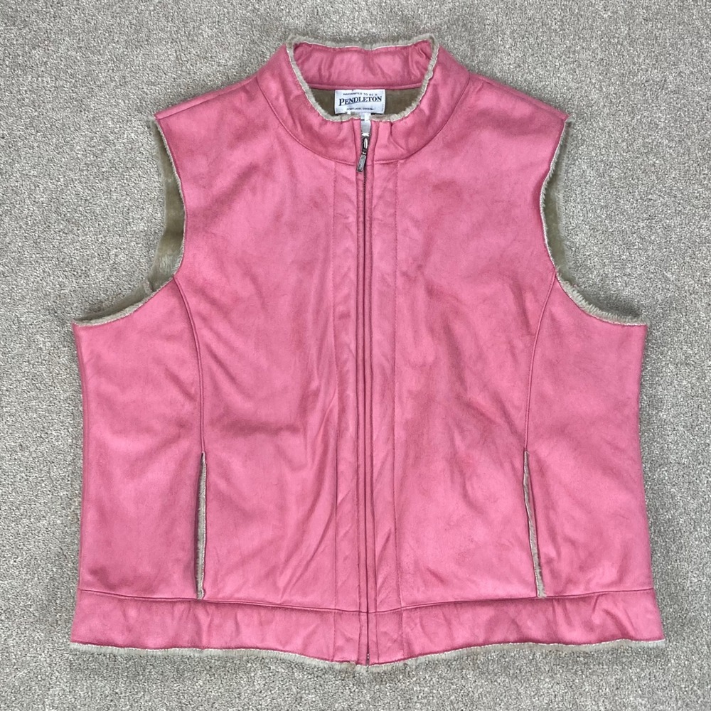 Pendleton Faux Suede Sherpa Fur Lined Vest Women XL Pink Full Zip Outdoor Cozy